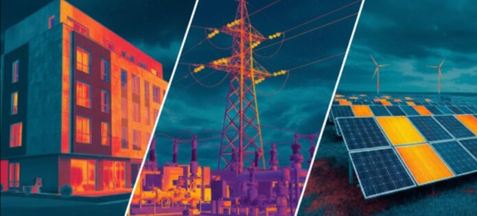 Imagen térmica compuesta que ilustra el uso de cámaras termográficas en edificación, redes de suministro eléctrico y energías renovables, destacando la detección de pérdidas térmicas y anomalías en diferentes sectores industriales.