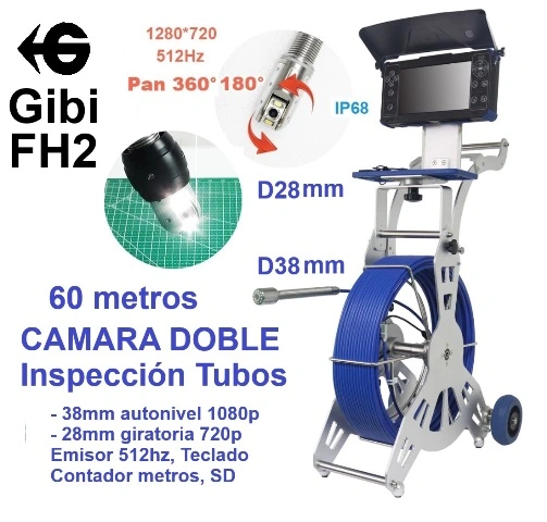 camaras inspeccion tubos GiCam FH2 pro 60metros giratoria 28mm HD +38mm FHD largo60 metros GimateG