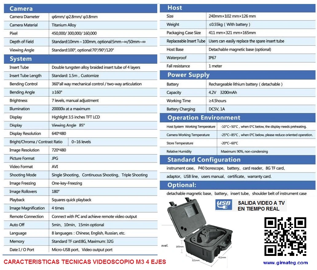 datos videoscopio articulado 4 ejes intercambiable M3 gimateg