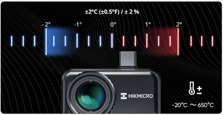 Detalle de la capacidad de medición de la HIKMICRO Mini3, mostrando alta precisión y amplio rango térmico para diagnóstico fiable en instalaciones eléctricas, equipos mecánicos y aplicaciones industriales. Disponible a través de Gimatec, distribuidor especializado en instrumentación termográfica profesional.