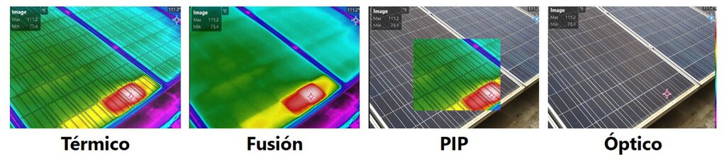 Comparativa de los modos Térmico, Fusión, PIP y Óptico en la cámara HIKMICRO M60 640x480 para inspección industrial, disponible en Gimatec
