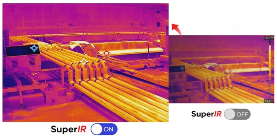 Comparativa de imagen térmica con SuperIR ON/OFF en la cámara profesional HIKMICRO M60 640x480 para mantenimiento industrial, disponible en Gimatec