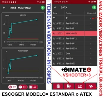 datos y tendencia vibracion VShooter+ gimateg