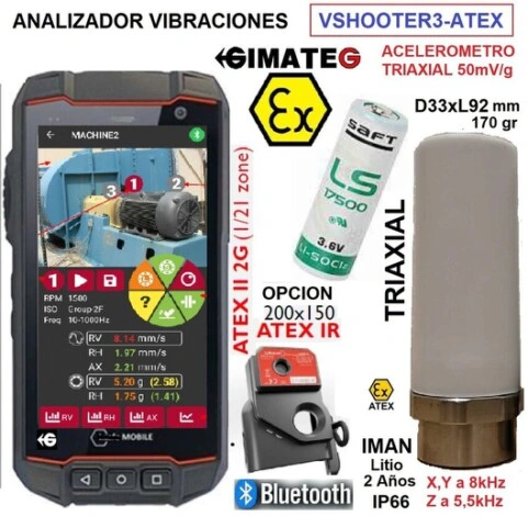 Imagen de sistema ATEX de análisis de vibraciones con acelerómetro triaxial inalámbrico y teléfono ATEX Zona 1/21 para diagnóstico de maquinaria y mantenimiento predictivo en entornos industriales clasificados, disponible a través de Gimatec.