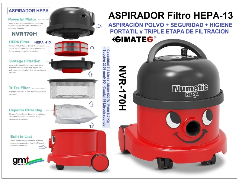 aspirador polvo HEPA H13 ligero y economico numatic gimateg