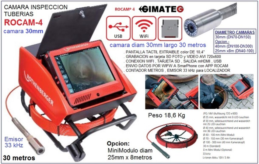 camara inspeccion tuberias largo 30metros Rocam 4 con wifi gimateg