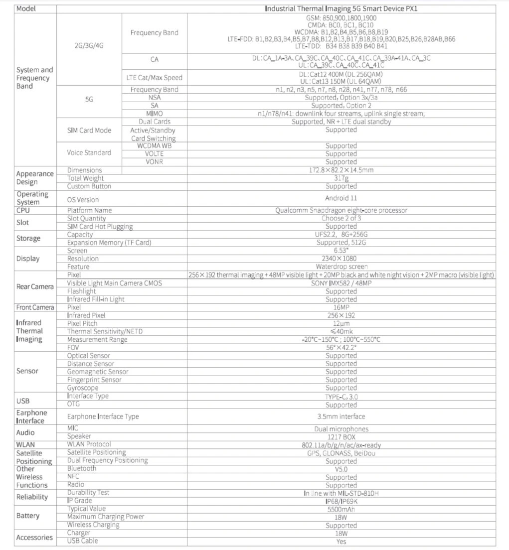 caracteristicas smartphone PX1 5G con termografica 256x192