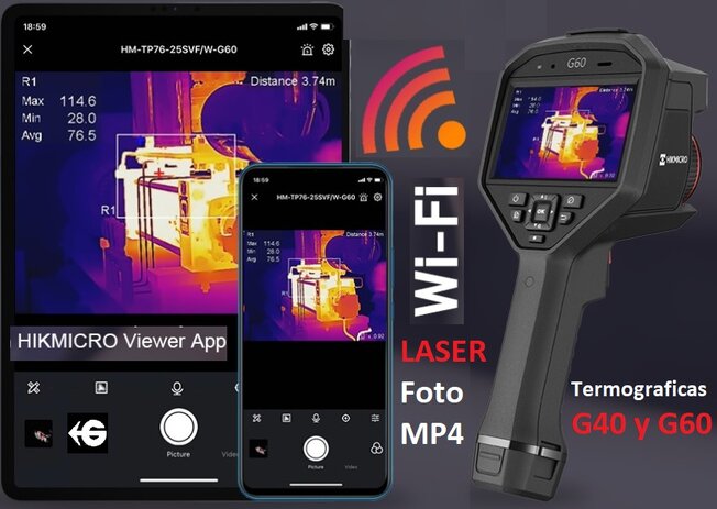 Detalle de la conectividad Wi-Fi, app HIKMICRO Viewer, láser y grabación Foto/MP4 en la cámara termográfica profesional HIKMICRO G61 640x480 para mantenimiento industrial, disponible en Gimatec