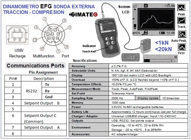 datos Dinamometro digital sonda externa grafico en pantalla traccion y compresion EFG GimateG
