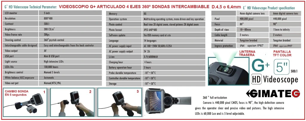 aracteristicas videoscopio gira 4 ejes sonda cambiable G+Gimateg