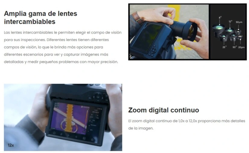 Cámara termográfica HIKMICRO SP120H con lentes intercambiables y zoom digital continuo de 1x a 12x para inspecciones industriales de alta precisión