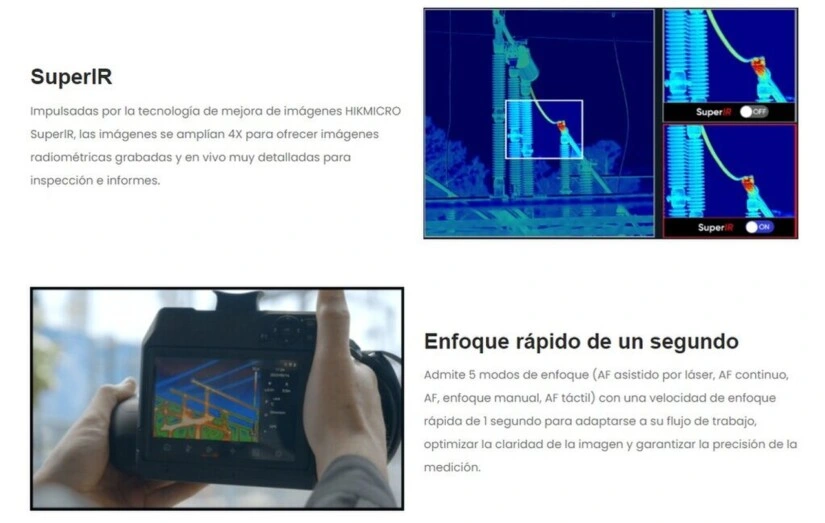 Tecnología SuperIR de HIKMICRO en la cámara termográfica SP120H, con mejora de imagen 4x y enfoque rápido en un segundo para inspecciones industriales precisas y detalladas