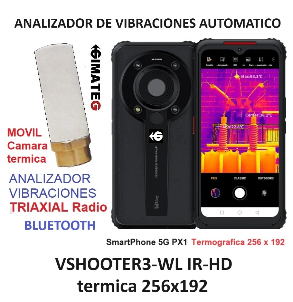 analizador vibrometro triaxial a smartphone PX1 vibrometro triaxial foto termoca 265x192 y puntos color segun ISO 10816 GimateG